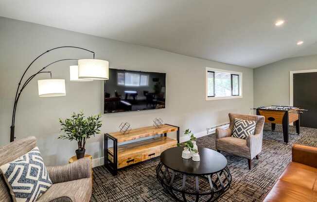 A living room with a couch, a coffee table, and a television.