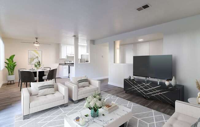 A modern living room with a black and white color scheme.