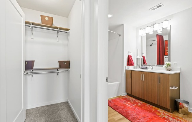 a bathroom with white walls and a red rug