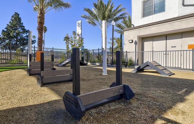 a bench in front of a palm tree