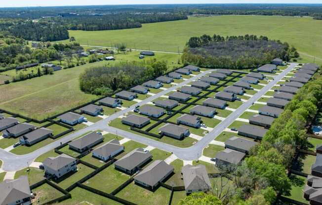 an aerial view of a neighborhood with many houses and trees