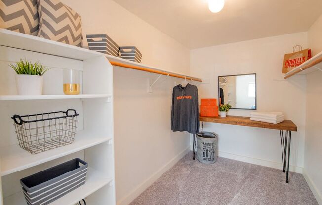 a walk in closet in a bathroom with shelves and a mirror