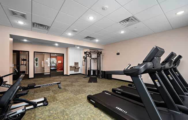 A gym with treadmills and exercise equipment.