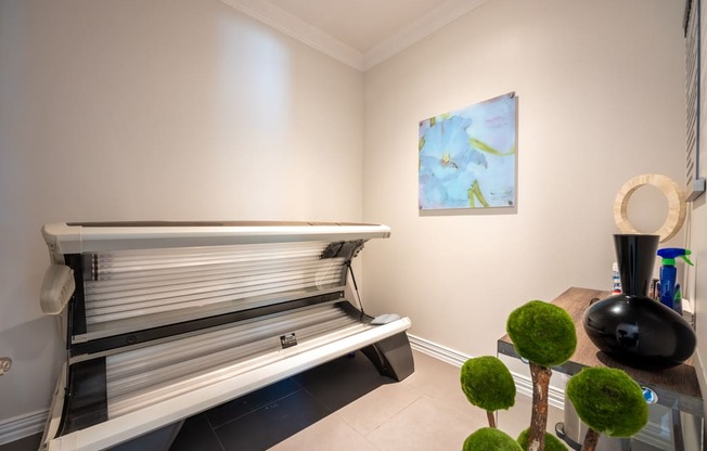 Resident tanning bed with private room and decor