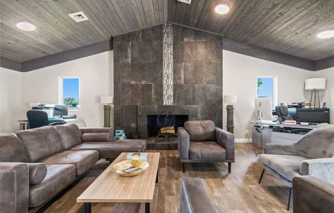 a living room with couches and chairs and a fireplace