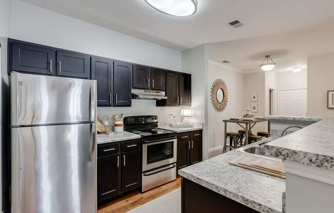 Kitchen Featuring Dark Cabinetry, Brushed Nickel Hardware & Stainless Steel Appliances