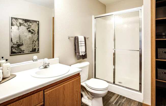 A bathroom with a toilet, sink, and shower. at Tranquility Pointe, Omaha, NE