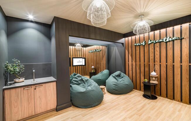 Recharge in the tranquil meditation room at Modera St. Paul, designed for relaxation and mindfulness in the center of downtown Dallas.