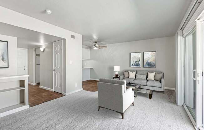 A living room with a grey couch and a grey rug.