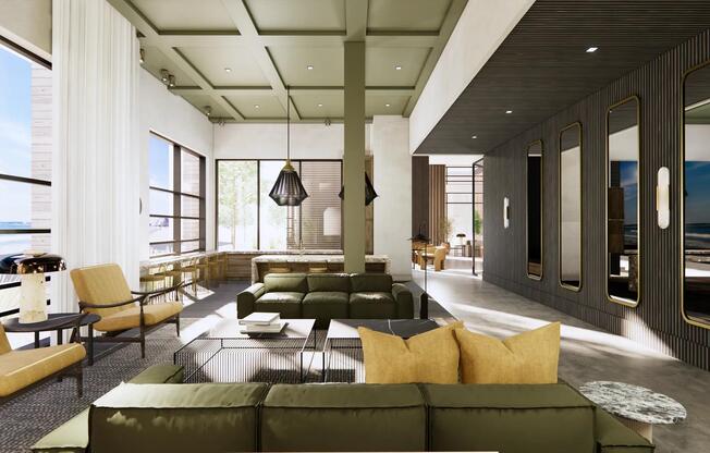 Expansive clubroom with gathering space and comfortable seating.