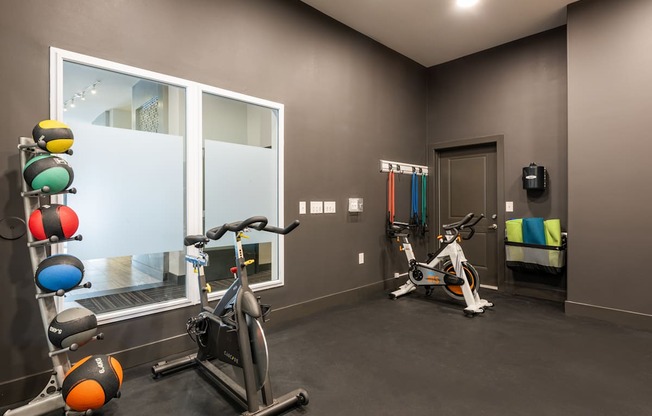 A room with a bike, a row of exercise balls and a window.