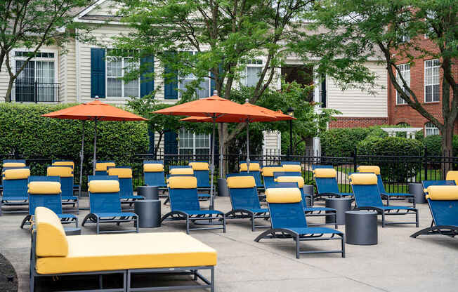 A row of blue chairs with yellow cushions are arranged in a row.