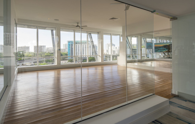 Yoga studio connected to the gym at SOMA at Brickell, an apartment community in Miami.