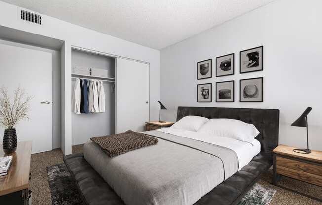 a bedroom with a large bed and a closet