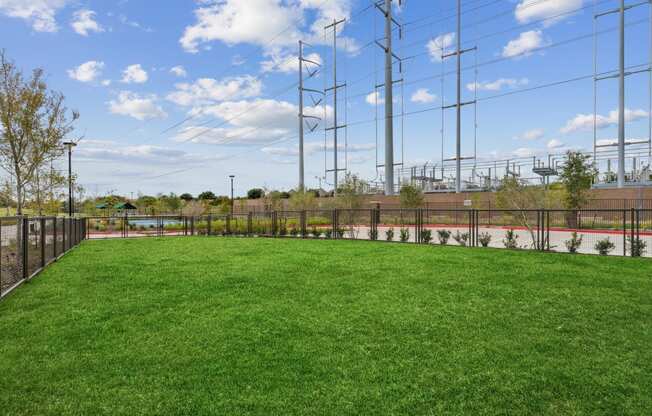 a yard with a fence and green grass and electricity poles