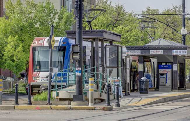 a bus stop on a city street