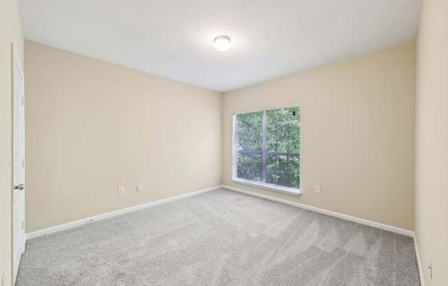 A bedroom with a carpeted floor and a window.
