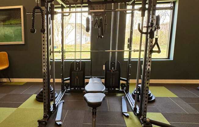 A home gym with a squat rack, bench, and weights.