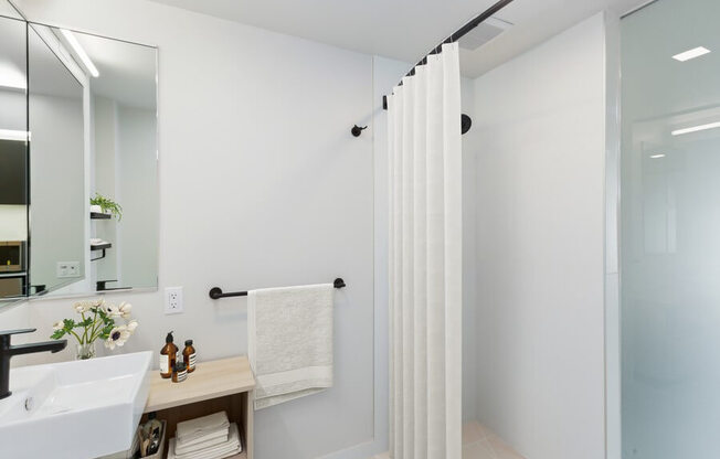 Model bathroom with shower and black hardware