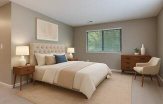 A bedroom with a large bed, a nightstand, a chair, and a painting on the wall.