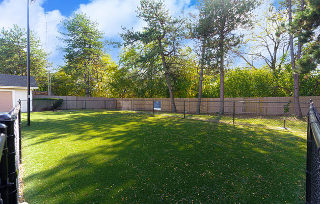 the backyard has a fenced in area with grass and trees