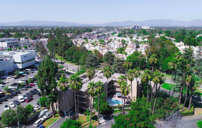 Aerial drone image of Chandler Circle Apartments and the Sherman Oaks neighborhood surrounding.