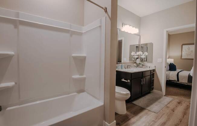 Hall bathroom with tub and bathroom cabinet.