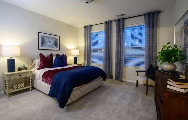 A bedroom with a bed, nightstands, and a plant.