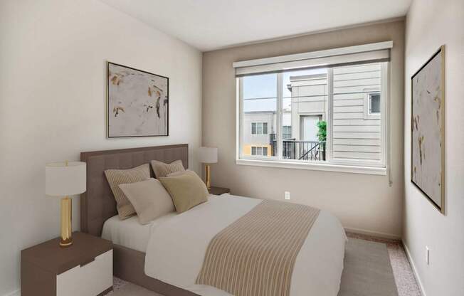 A bedroom with a large bed and a window overlooking a balcony.