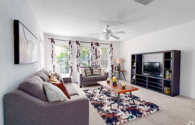A living room with a grey couch, a rug, a coffee table, a television, and a fan.
