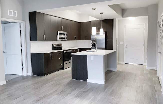 Large undermount sinks, stainless steel appliances and hardwood-inspired flooring in kitchens