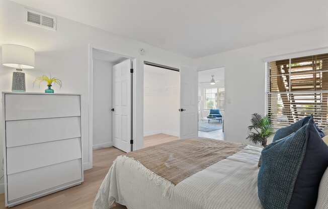 a bedroom with a bed and a closet