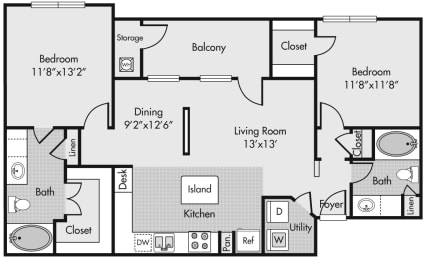 2 beds, 2 baths, 1,093 sqft, $1,580