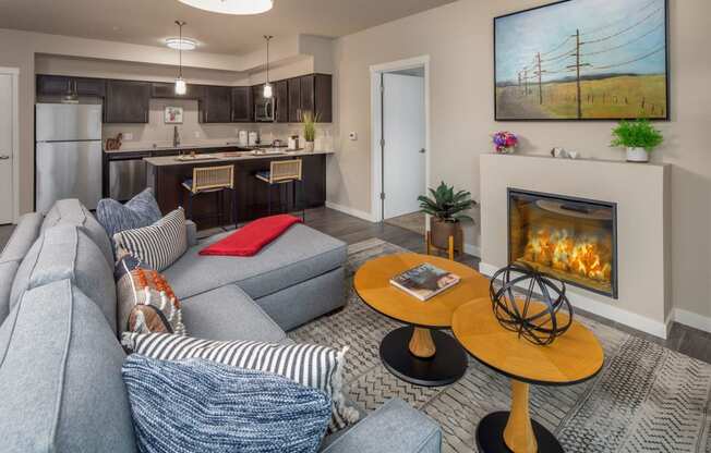 living room and fireplace