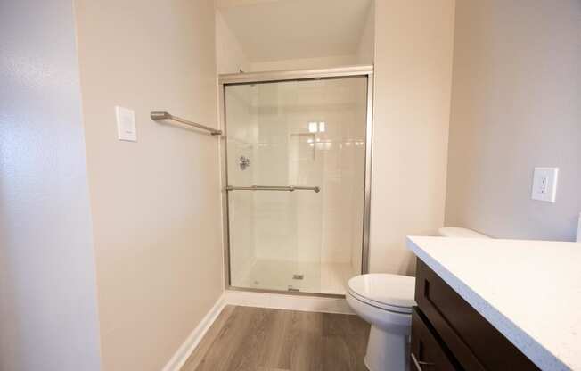 a bathroom with a shower and a toilet and a sink