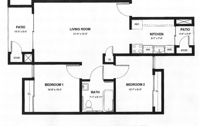 Two Bedroom One Bath - Upstairs - Pebble Creek Apartments