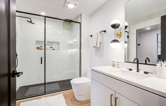 a bathroom with a shower and a sink and a toilet at Rialto, District of Columbia, 20002