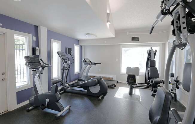 A gym with a variety of exercise equipment including treadmills, stationary bikes, and weight machines.