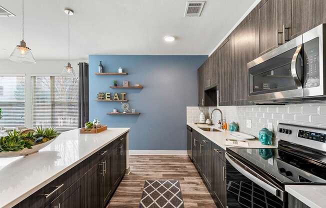 A modern kitchen with a blue accent wall and stainless steel appliances.