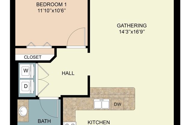 1 bed, 1 bath, 703 sqft, $1,520, Unit 1-304