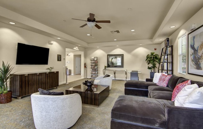 a living room filled with furniture and a large flat screen tv