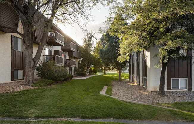 A tree-lined pathway leads to apartment buildings.
