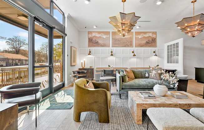 A living room with a green couch and a coffee table.
