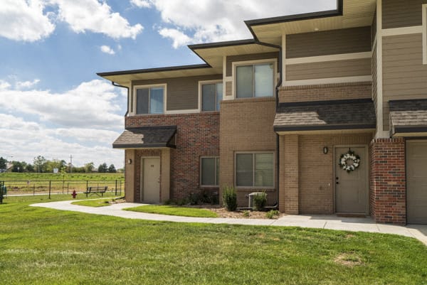 Private entrances with greenspace at The Villas at Falling Waters townhomes in West Omaha NE