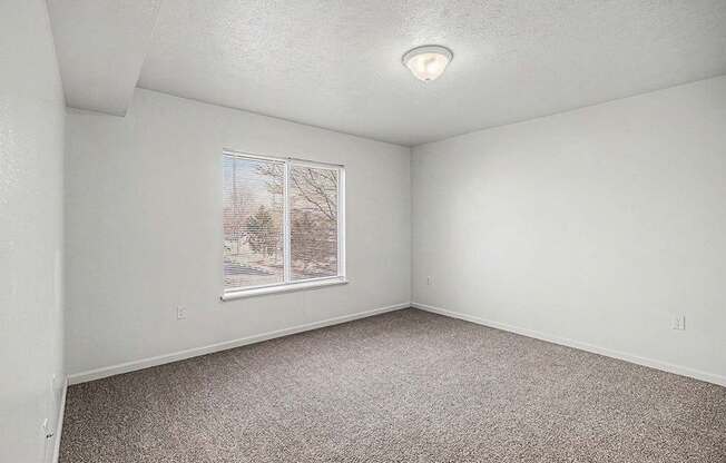 A room with a window and carpeted floor.