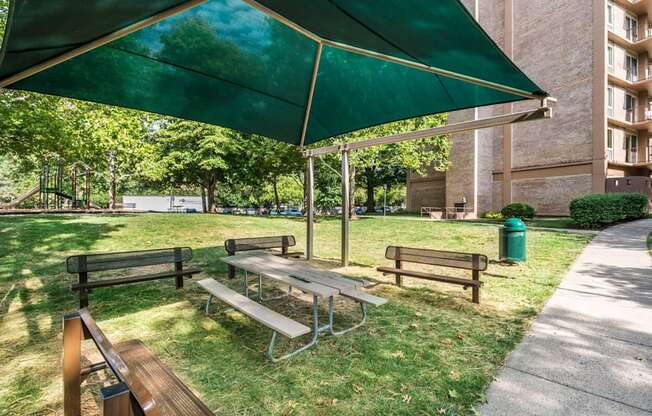 A green umbrella provides shade over a picnic table in a park.