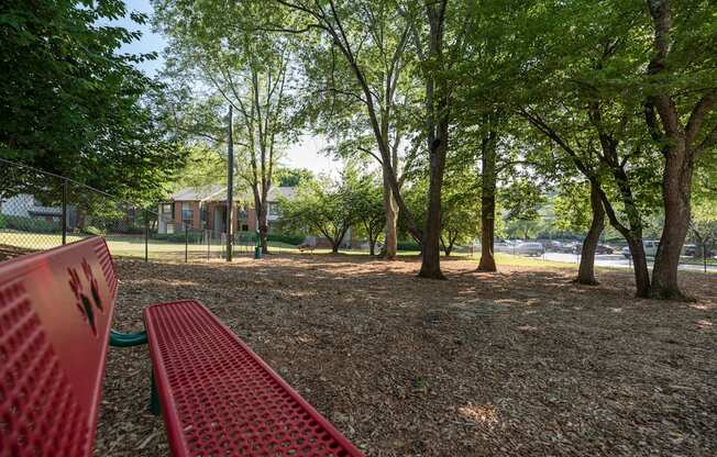 a red bench in a park with trees
