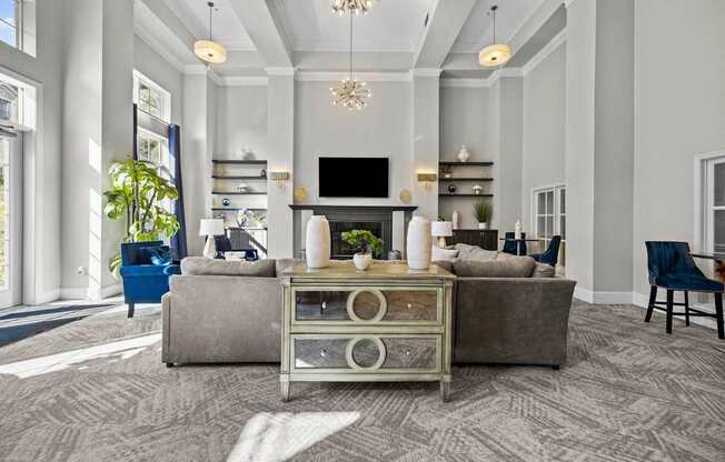 a living room with a couch and a table