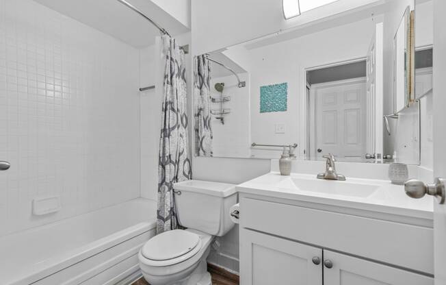 a bathroom with a white sink and toilet next to a bathtub with a shower curtain