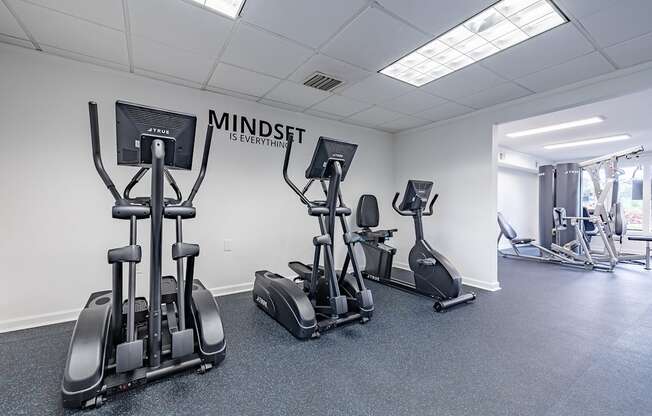 A gym with a row of treadmills and elliptical machines.